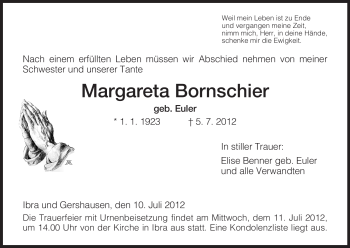 Traueranzeige von Margareta Bornschier von HERSFELDER ZEITUNG