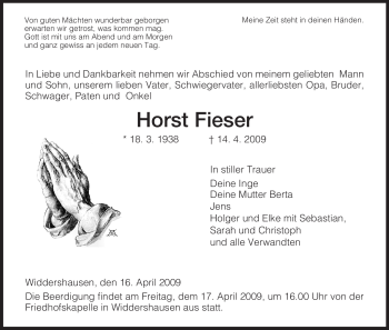 Traueranzeige von Horst Fieser von HERSFELDER ZEITUNG