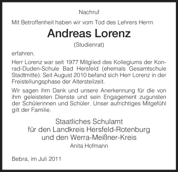 Traueranzeige von Andreas Lorenz von HERSFELDER ZEITUNG
