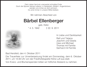 Traueranzeige von Bärbel Ellenberger von HERSFELDER ZEITUNG