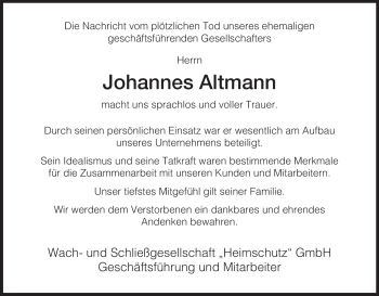 Traueranzeige von Johannes Altmann von HERSFELDER ZEITUNG