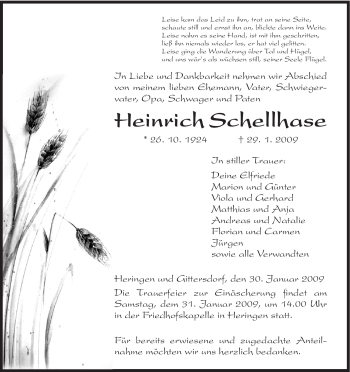 Traueranzeige von Heinrich Schellhase von HERSFELDER ZEITUNG