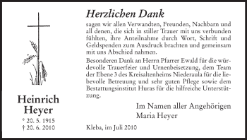 Traueranzeige von Heinrich Heyer von HERSFELDER ZEITUNG