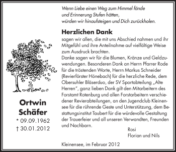 Traueranzeige von Ortwin Schäfer von HERSFELDER ZEITUNG