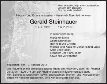 Traueranzeige von Gerald Steinhauer von HERSFELDER ZEITUNG