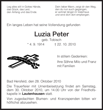 Traueranzeige von Luzia Peter von HERSFELDER ZEITUNG