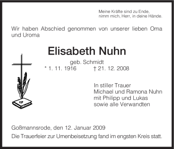 Traueranzeige von Elisabeth Nuhn von HERSFELDER ZEITUNG