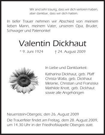 Traueranzeige von Valentin Dickhaut von HERSFELDER ZEITUNG