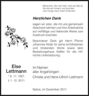 Traueranzeige von Else Lettmann von HERSFELDER ZEITUNG