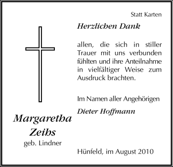 Traueranzeige von Margaretha Zeihs von HERSFELDER ZEITUNG