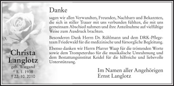 Traueranzeige von Christa Langlotz von HERSFELDER ZEITUNG