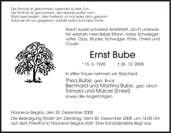 Traueranzeige von Ernst Bube von HERSFELDER ZEITUNG