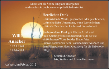 Traueranzeige von Willi Anacker von HERSFELDER ZEITUNG
