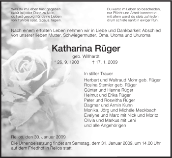 Traueranzeige von Katharina Rueger von HERSFELDER ZEITUNG