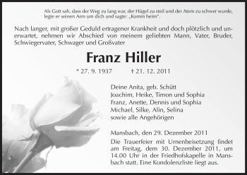 Traueranzeige von Franz Hiller von HERSFELDER ZEITUNG