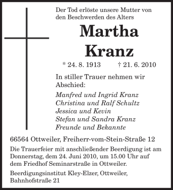 Traueranzeige von Martha Kranz von HERSFELDER ZEITUNG