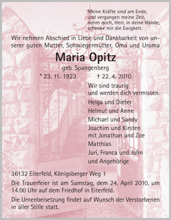 Traueranzeige von Maria Opitz von HERSFELDER ZEITUNG