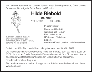 Traueranzeige von Hilde Riebold von HERSFELDER ZEITUNG