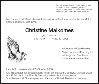 Traueranzeige von Christine Malkomes von HERSFELDER ZEITUNG