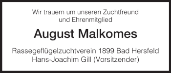 Traueranzeige von August Malkomes von HERSFELDER ZEITUNG