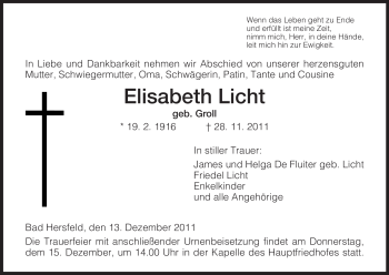 Traueranzeige von Elisabeth Licht von HERSFELDER ZEITUNG