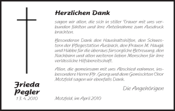 Traueranzeige von Frieda Pegler von HERSFELDER ZEITUNG