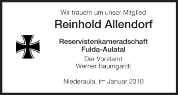 Traueranzeige von Reinhold Allendorf von HERSFELDER ZEITUNG