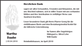 Traueranzeige von Martha Daube von HERSFELDER ZEITUNG