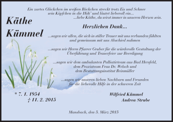 Traueranzeige von Käthe Kümmel von Hersfeld