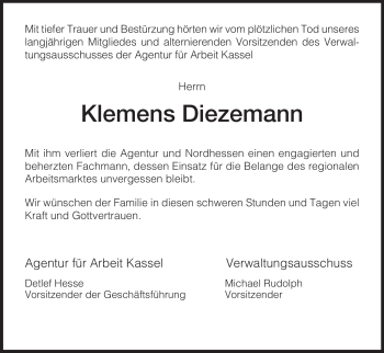 Traueranzeige von Klemens Diezemann von HERSFELDER ZEITUNG