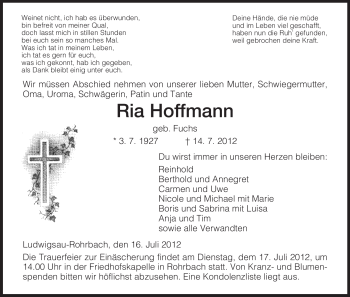 Traueranzeige von Ria Hoffmann von HERSFELDER ZEITUNG