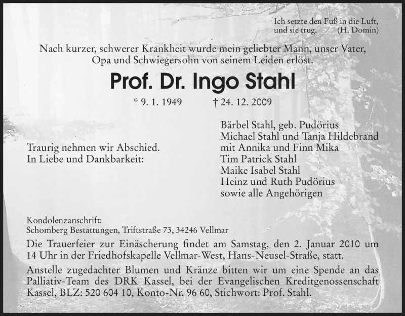  Traueranzeige für Ingo Stahl vom 29.12.2009 aus HERSFELDER ZEITUNG