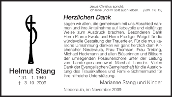 Traueranzeige von Helmut Stang von HERSFELDER ZEITUNG