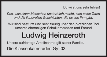 Traueranzeige von Ludwig Heinzeroth von HERSFELDER ZEITUNG