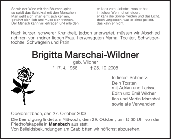 Traueranzeige von Brigitta Marschai-Wildner von HERSFELDER ZEITUNG