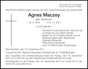 Traueranzeige von Agnes Maczey von HERSFELDER ZEITUNG