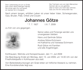 Traueranzeige von Johannes Götze von HERSFELDER ZEITUNG