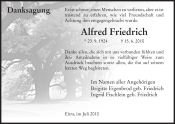 Traueranzeige von Alfred Friedrich von HERSFELDER ZEITUNG