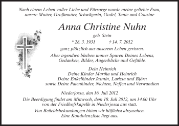 Traueranzeige von Anna Christine Nuhn von HERSFELDER ZEITUNG