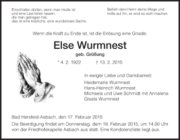 Traueranzeige von Else Wurmnest von Hersfeld