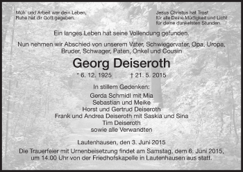 Traueranzeige von Georg Deiseroth von Hersfeld