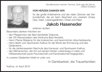 Traueranzeige von Jakob Haseneder von HERSFELDER ZEITUNG