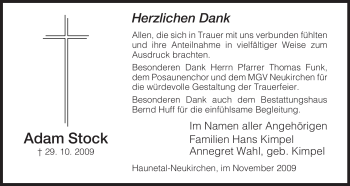 Traueranzeige von Adam Stock von HERSFELDER ZEITUNG