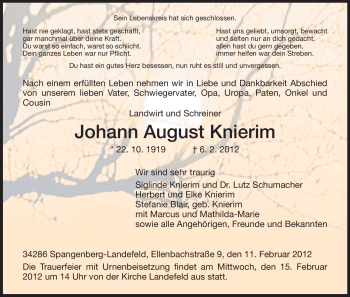 Traueranzeige von Johann August Knierim von HERSFELDER ZEITUNG