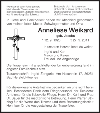 Traueranzeige von Anneliese Weikard von HERSFELDER ZEITUNG