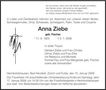 Traueranzeige von Anna Ziebe von HERSFELDER ZEITUNG