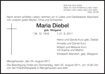 Traueranzeige von Maria Diebel von HERSFELDER ZEITUNG