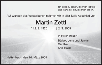 Traueranzeige von Martin Zettl von HERSFELDER ZEITUNG