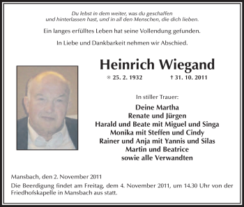 Traueranzeige von Heinrich Wiegand von HERSFELDER ZEITUNG