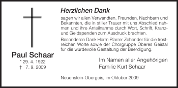 Traueranzeige von Paul Schaar von HERSFELDER ZEITUNG